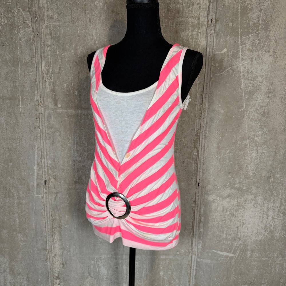 Deb Womens Neon Pink White Striped O-Ring Layered Tank Top Medium A28201K